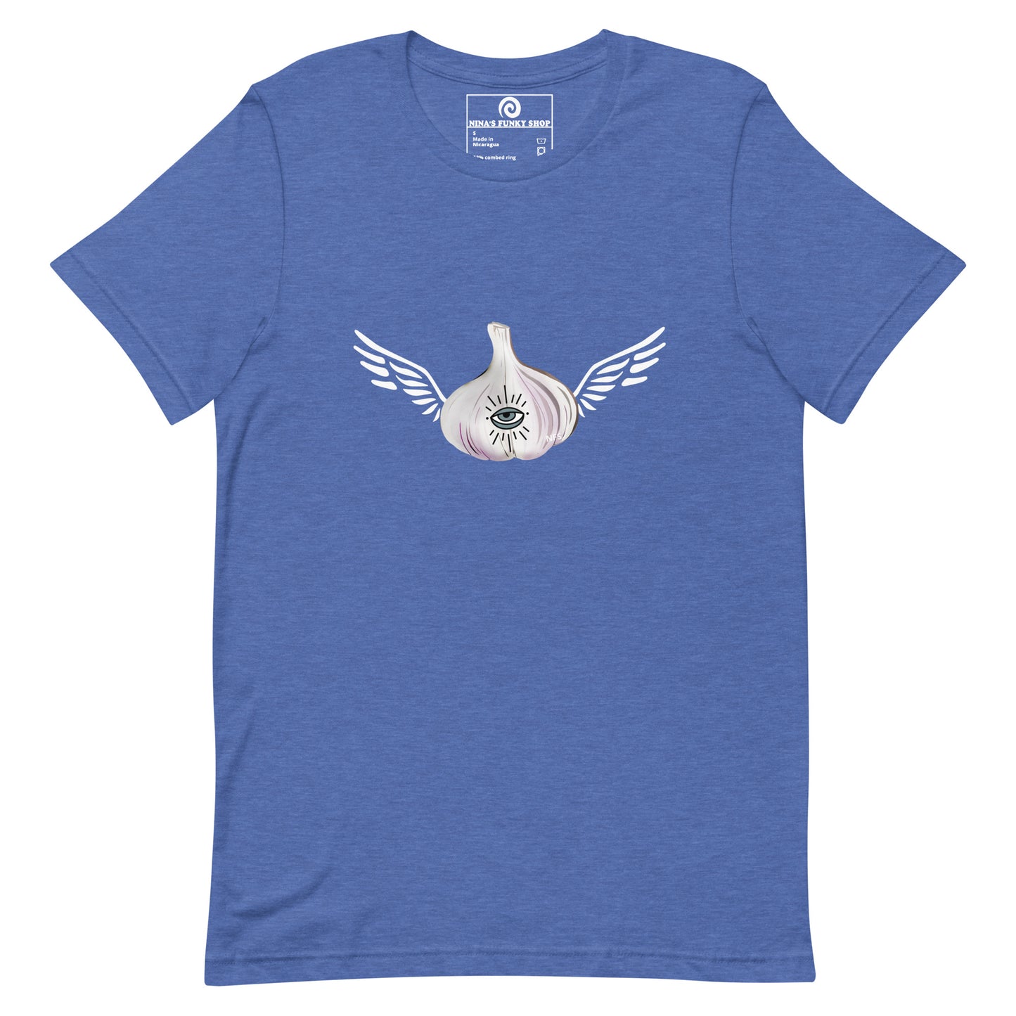 Blue Garlic T-shirt - Do you love garlic? Looking for a gift for your favorite garlic enthusiast? This Angel Garlic T-shirt is just what you need! It's a soft and comfortable tee with a funky hand drawn garlic design, expertly printed on the front. Celebrate your favorite foods in our funky foodie clothing, designed by Nina and made just for you.
