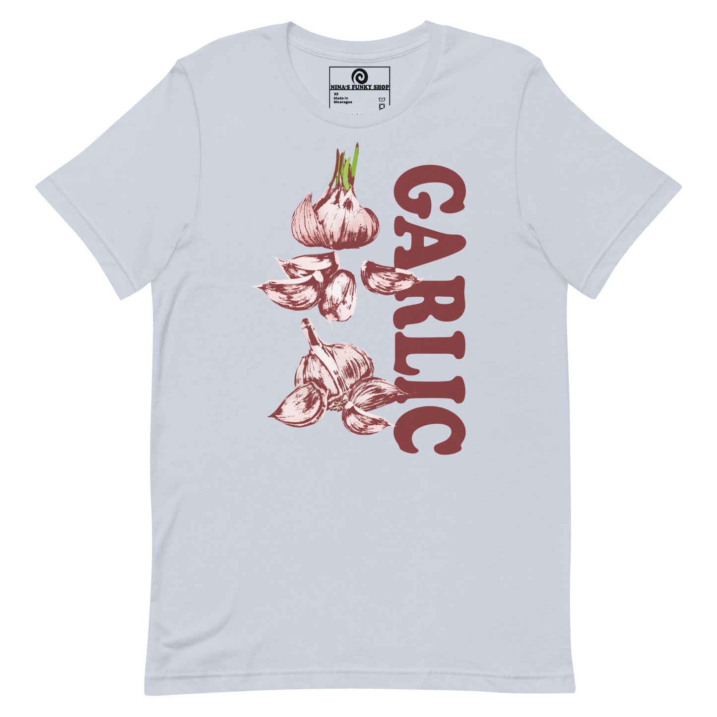 Light Blue Garlic Shirt - Love Garlic? Looking for a gift for a garlic lover? This unique garlic T-shirt is just what you need! It's soft and comfortable with a funky hand drawn garlic design, expertly printed on the front. This garlic graphic tee is perfect for garlic addicts and foodies of all kinds. Designed by Nina and made just for you!