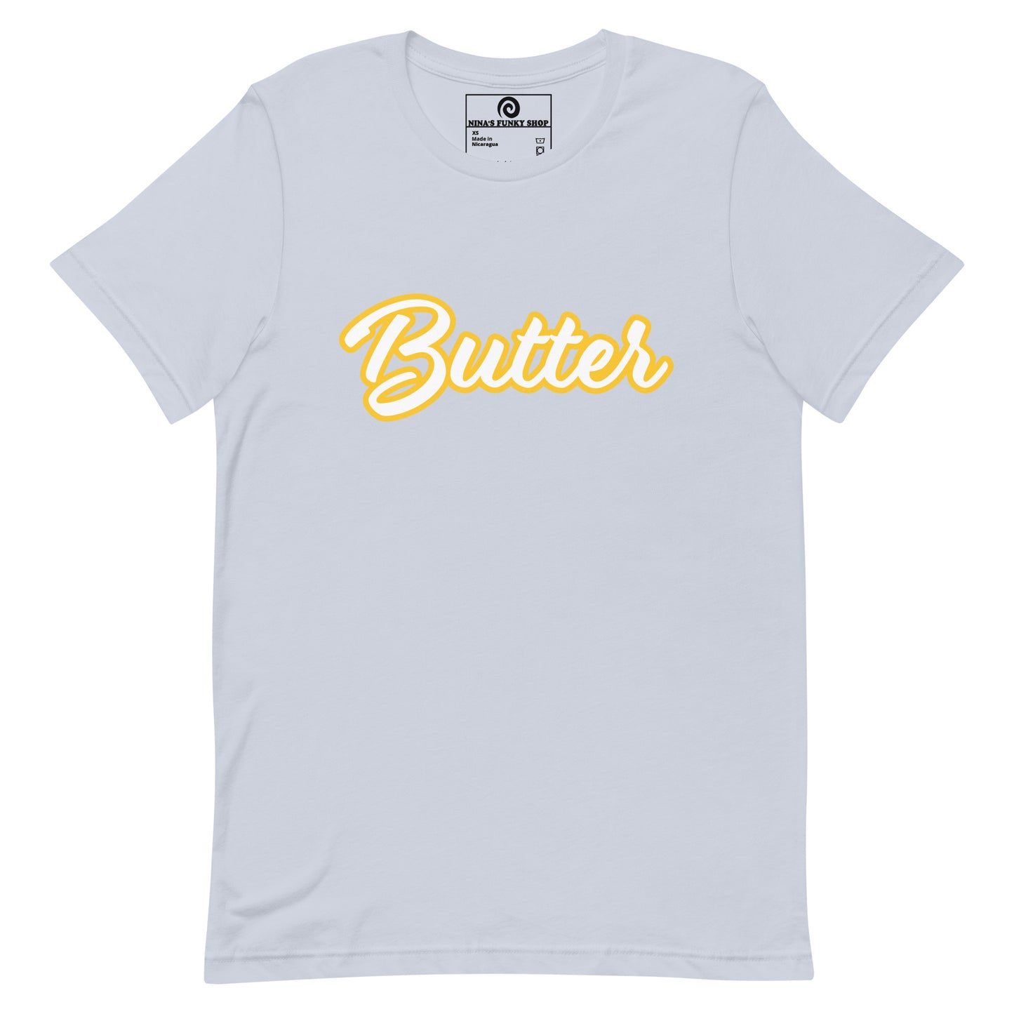 Light Blue T-Shirt with Funny Food Design - Are you a butter enthusiast? Looking for a unique gift? This butter t-shirt is soft, comfortable and perfect for foodies of all kinds. It comes in a variety of colors with "Butter", expertly printed across the front. Eat your favorite foods in style or give this funny food t-shirt as a gift for a fellow butter lover.
