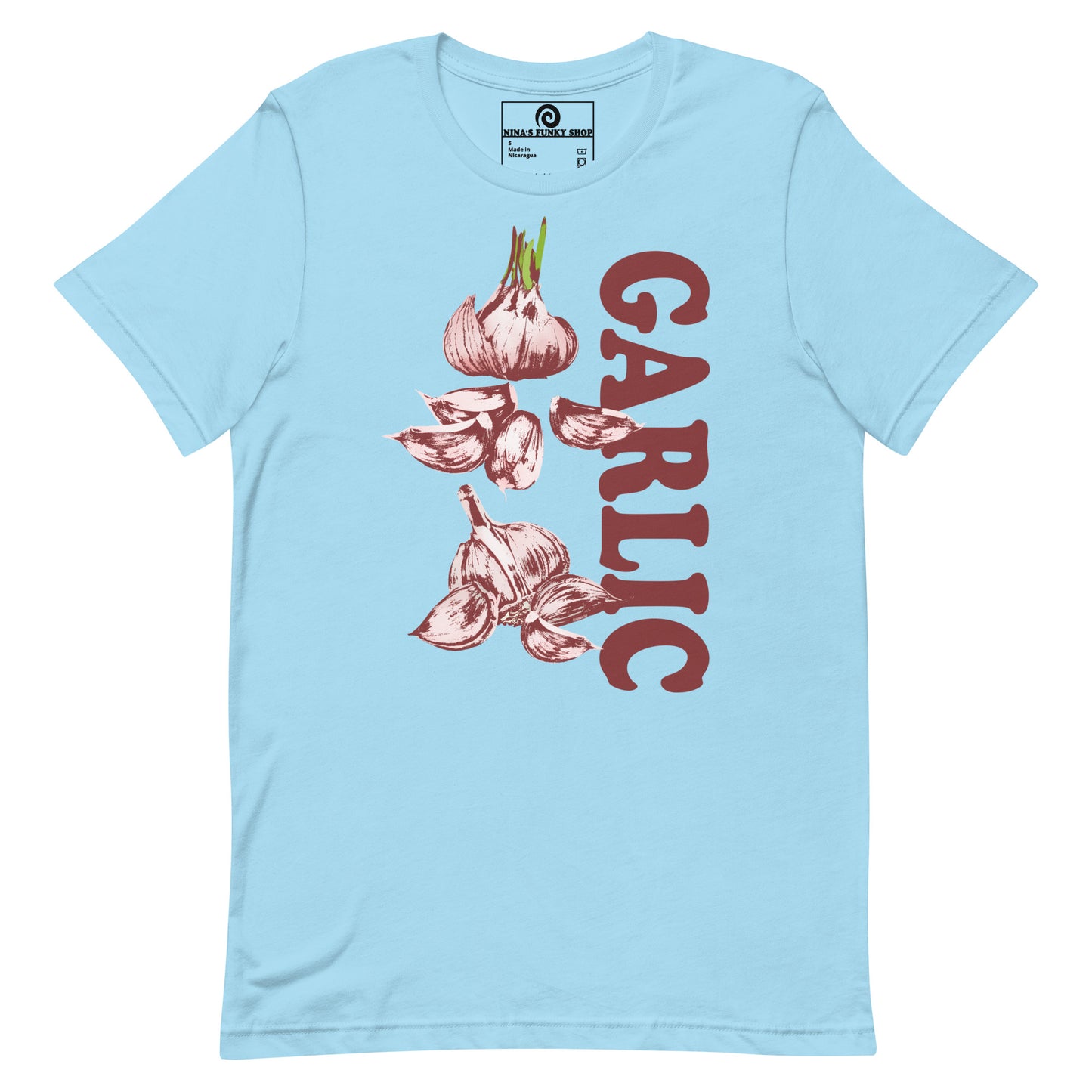 Ocean Blue Garlic Shirt - Love Garlic? Looking for a gift for a garlic lover? This unique garlic T-shirt is just what you need! It's soft and comfortable with a funky hand drawn garlic design, expertly printed on the front. This garlic graphic tee is perfect for garlic addicts and foodies of all kinds. Designed by Nina and made just for you!