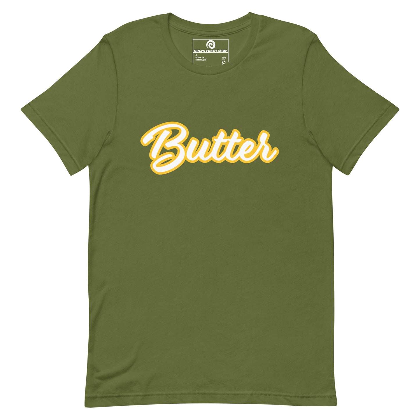 Olive Green T-Shirt with Funny Food Design - Are you a butter enthusiast? Looking for a unique gift? This butter t-shirt is soft, comfortable and perfect for foodies of all kinds. It comes in a variety of colors with "Butter", expertly printed across the front. Eat your favorite foods in style or give this funny food t-shirt as a gift for a fellow butter lover.