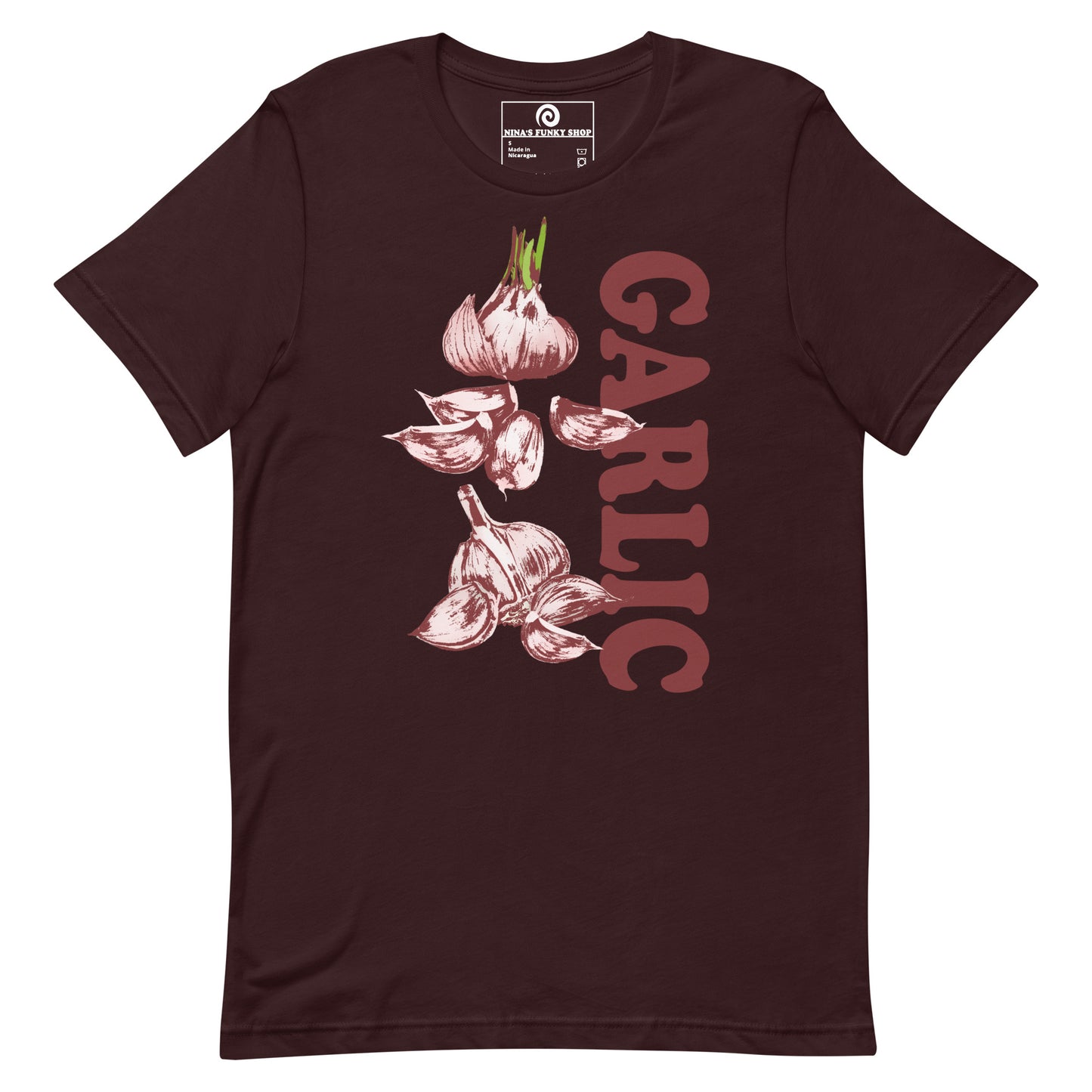 Dark Red Garlic Shirt - Love Garlic? Looking for a gift for a garlic lover? This unique garlic T-shirt is just what you need! It's soft and comfortable with a funky hand drawn garlic design, expertly printed on the front. This garlic graphic tee is perfect for garlic addicts and foodies of all kinds. Designed by Nina and made just for you!