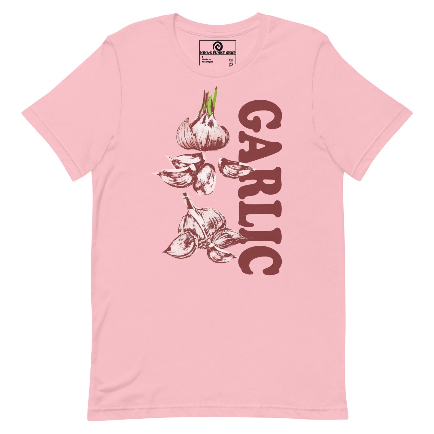 Pink Garlic Shirt - Love Garlic? Looking for a gift for a garlic lover? This unique garlic T-shirt is just what you need! It's soft and comfortable with a funky hand drawn garlic design, expertly printed on the front. This garlic graphic tee is perfect for garlic addicts and foodies of all kinds. Designed by Nina and made just for you!
