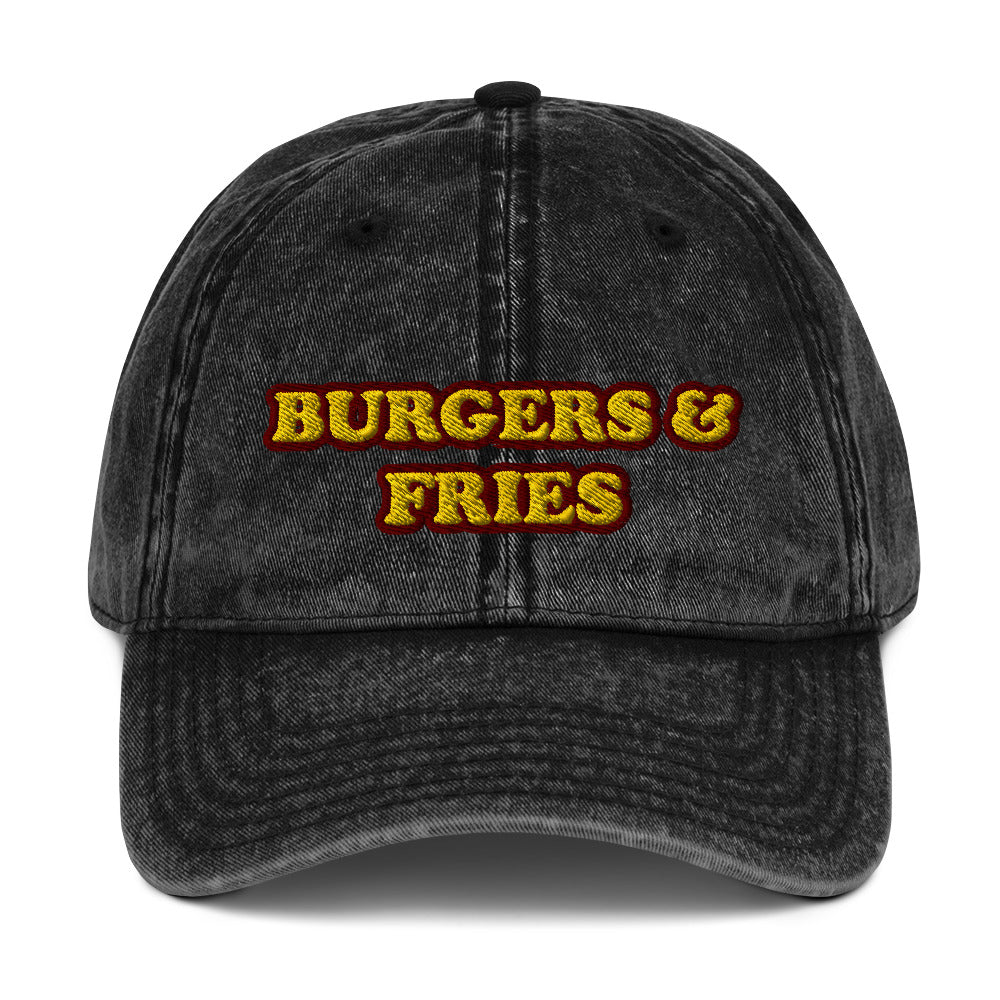Black burger and fries dad hat - The burgers & fries dad hat for burger lovers and foodies. It's a funny food hat to show off your love of veggies burgers, burgers of all kinds and the perfect gift for fast food enthusiasts. Wear it as a unique statement hat for everyday street wear or give it as a funny gift for foodies or your favorite burger lover.