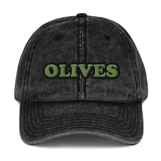 Black olives dad hat - Eat olives in this olive lover dad hat! It's a funny food hat, designed for olive aficionados and made just for you. This hat has a washed out vintage style with an embroidered foodie design. The perfect statement hat for people who love olives or a gift for olive enthusiasts. Stand out in this unique olive lover hat.