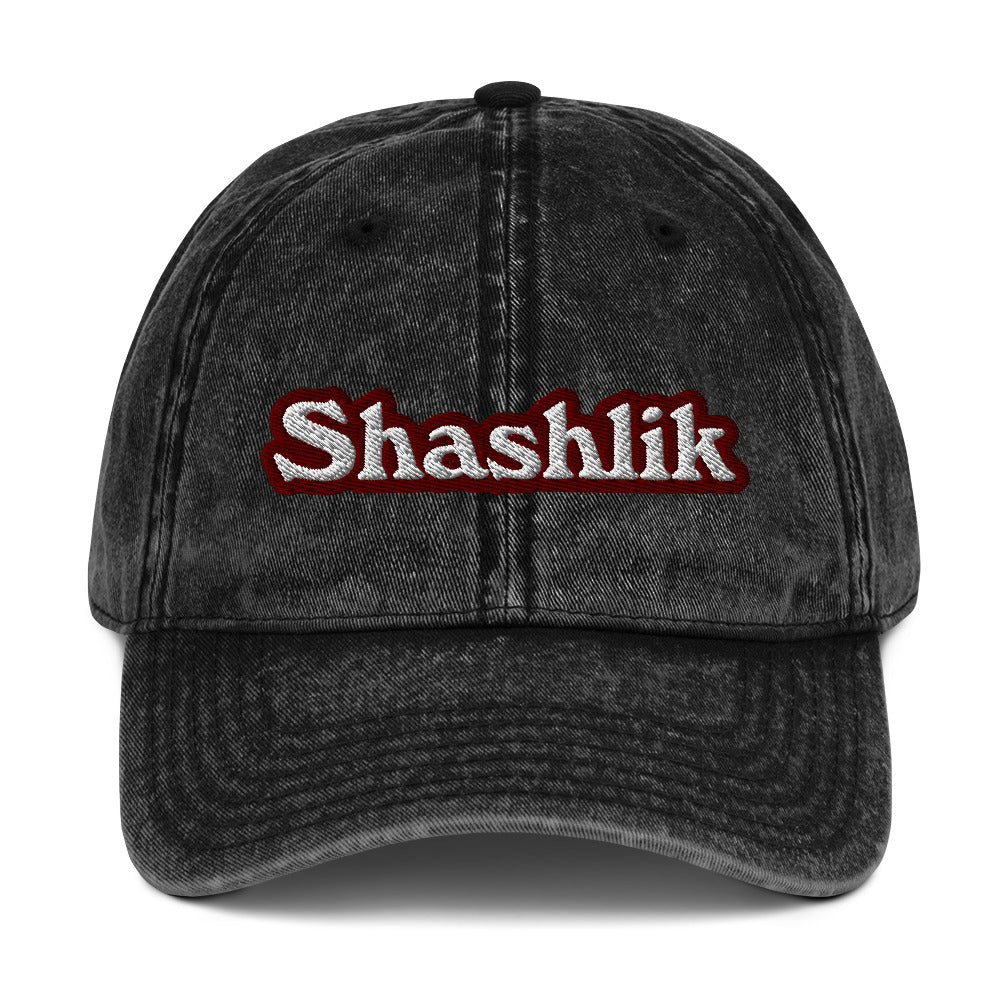 Black shashlik hat - Shashlik enthusiast? This shashlik hat was designed just for you. Share your love of shashlik and make a statement in this funny food hat. It's made of 100% cotton, with a faded vintage look and an unusual, eye-catching foodie embroidery. The perfect funny gift for shashlik lovers and dad hat for foodies of all kinds.