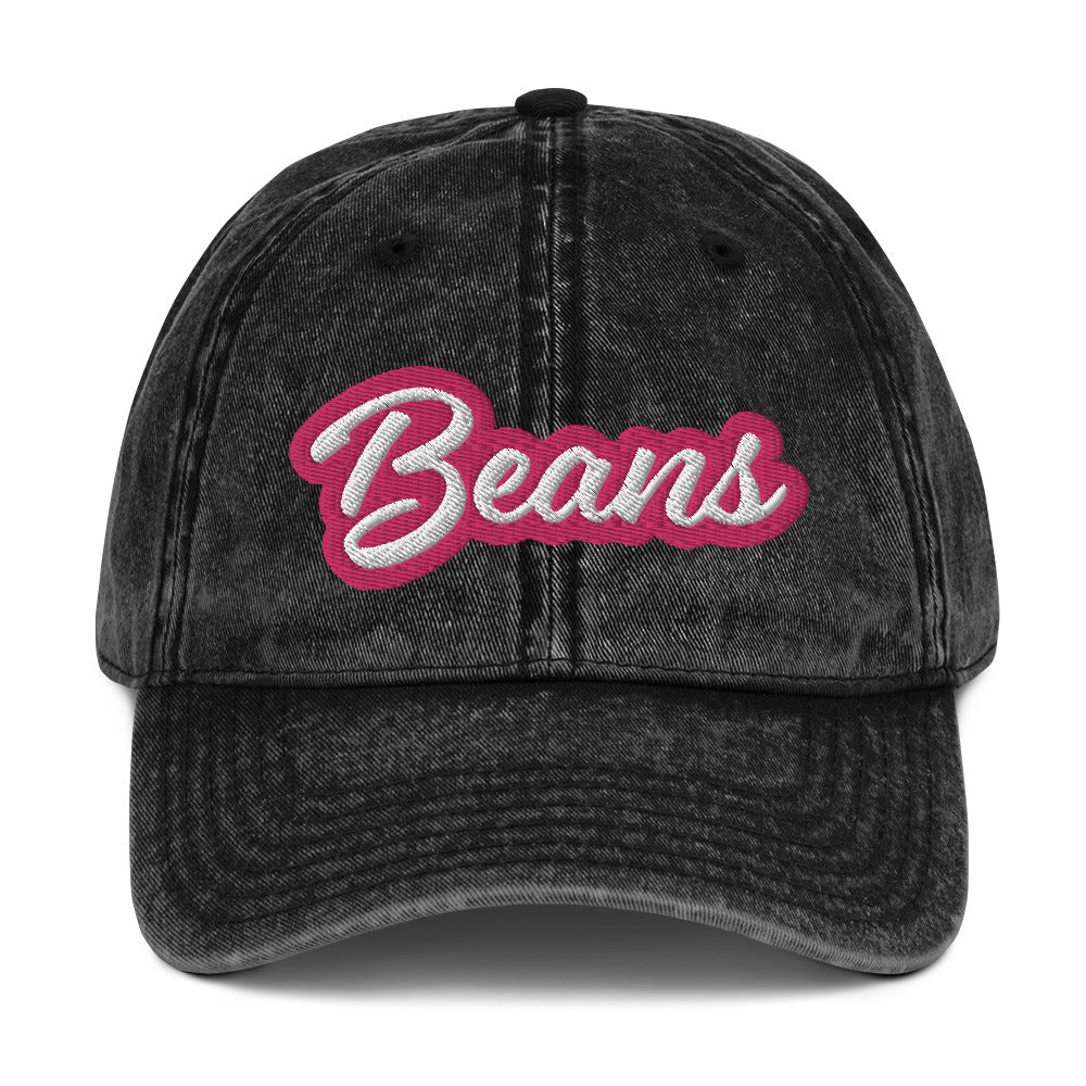 Black embroidered beans dad hat - This Beans dad hat is comfortable, adjustable and is made just for you. It's a classic unstructured hat with the word "Beans" embroidered on the front in pink and white. This vintage-style bean enthusiast dad hat for foodies and bean lovers. It comes in a variety of stylish faded colors and is the perfect weird gift.