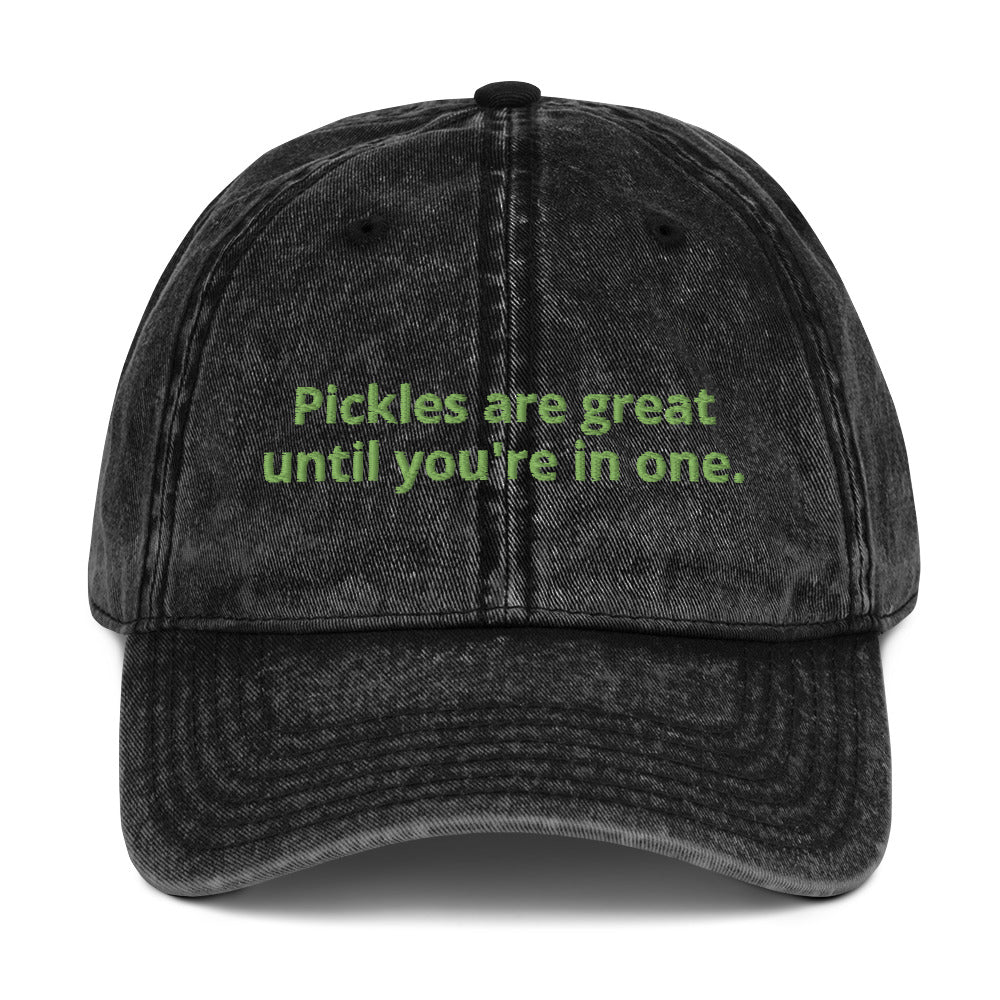 Black Pickles are great until you're in one hat - Love pickles? Looking for a gift for a pickle enthusiast? Our Pickles are great until you're in one hat is comfortable, has an adjustable closure and it's made just for you. It's an embroidered cotton dad hat with a funny food saying for pickle lovers. Make a statement and celebrate pickles in this funny dad hat.