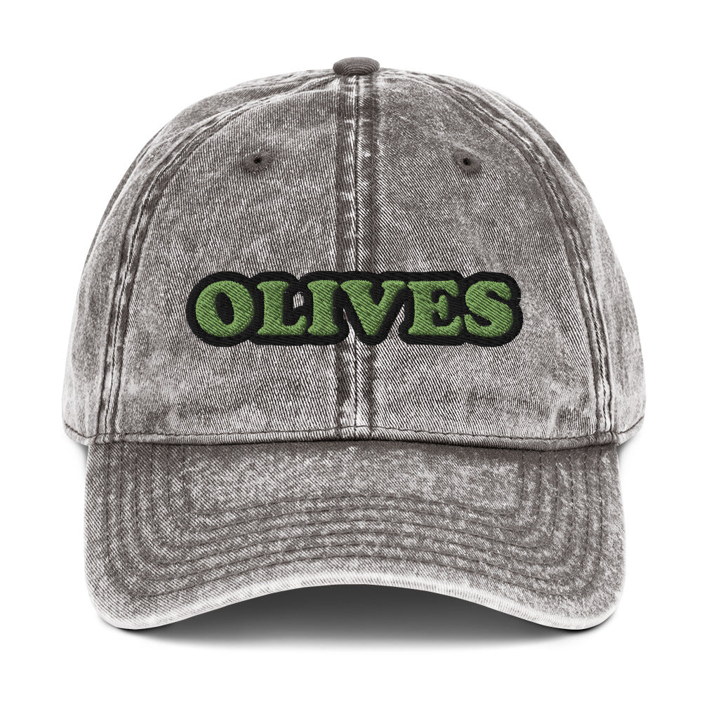 Gray olives dad hat - Eat olives in this olive lover dad hat! It's a funny food hat, designed for olive aficionados and made just for you. This hat has a washed out vintage style with an embroidered foodie design. The perfect statement hat for people who love olives or a gift for olive enthusiasts. Stand out in this unique olive lover hat.