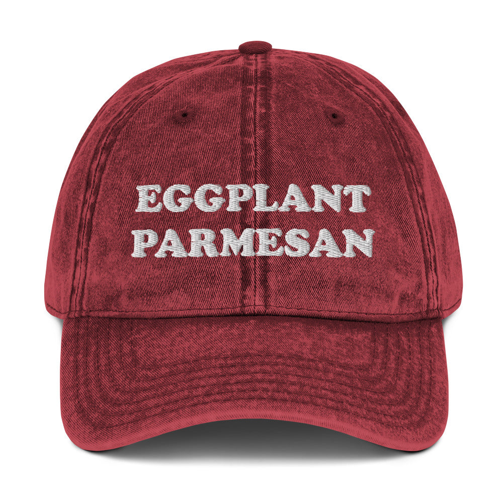 Maroon eggplant parmesan dad hat - An eggplant parmesan hat for foodies and Italian food enthusiasts. Celebrate eggplant parm in this funny embroidered dad hat. It's a unique foodie hat that's made just for you. Share your love for eggplant parmesan in this random statement dad hat or give it as a funny gift for foodie or eggplant lovers of all kinds.
