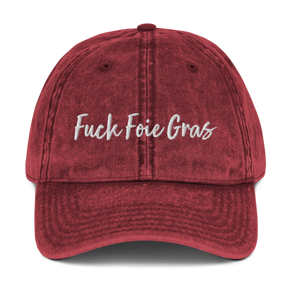 Maroon Fuck Foie Gras dad hat from Nina's Funky Shop by ninanush - Fuck Foie Gras! Wear this Fuck Foie Gras Hat and raise awareness for the cruel and inhumane practices behind this luxury food. What is Foie Gras? Foie gras, which translates to "fat liver" in French, is a highly prized delicacy in French cuisine. It consists of the liver of a goose or duck that has been fattened through a process of force-feeding.