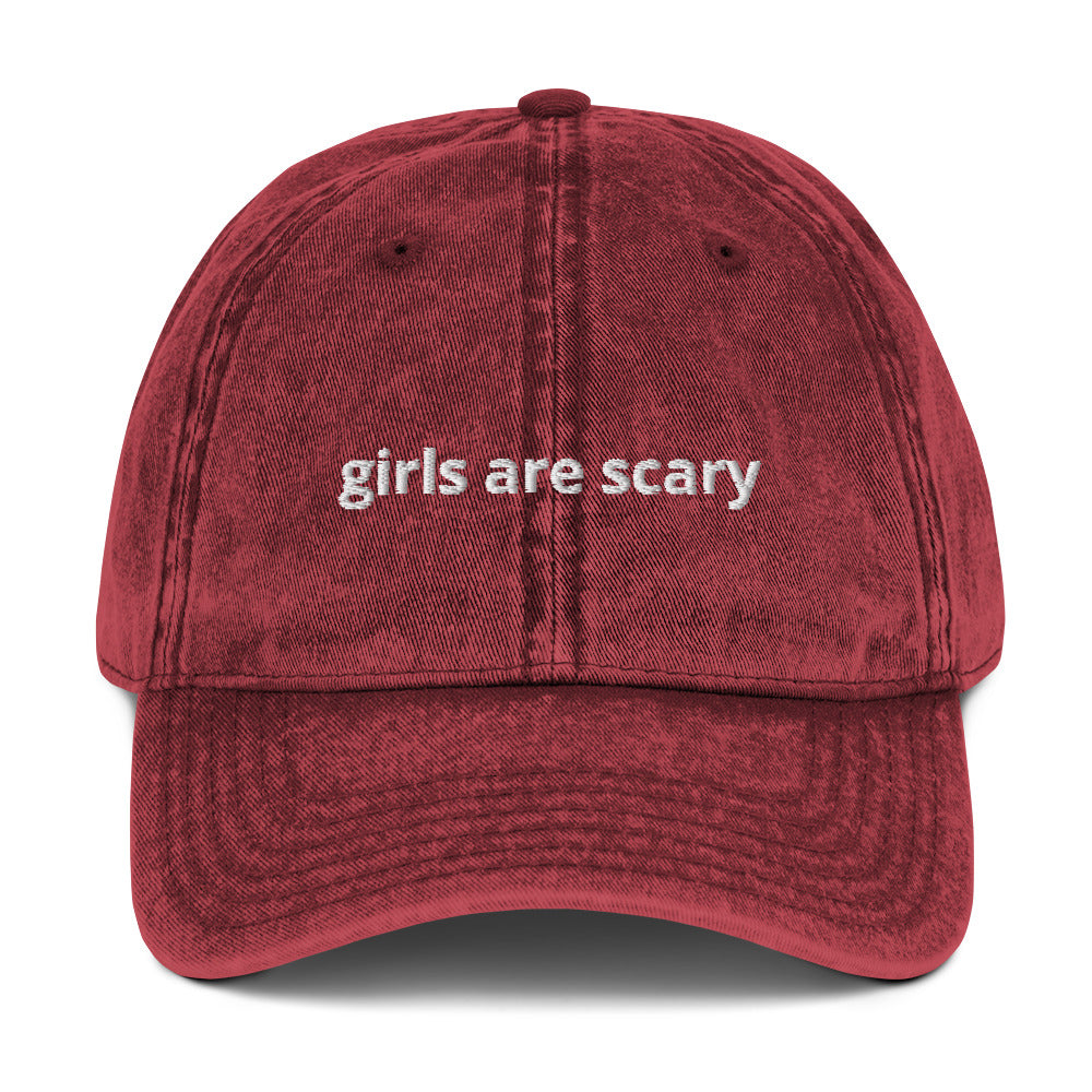 Maroon Girls Are Scary Hat - Everybody knows that dad caps are no longer just for dads, so get an embroidered cotton twill cap for yourself! This one's really special thanks to the intricate embroidery detail and the washed out vintage feel.