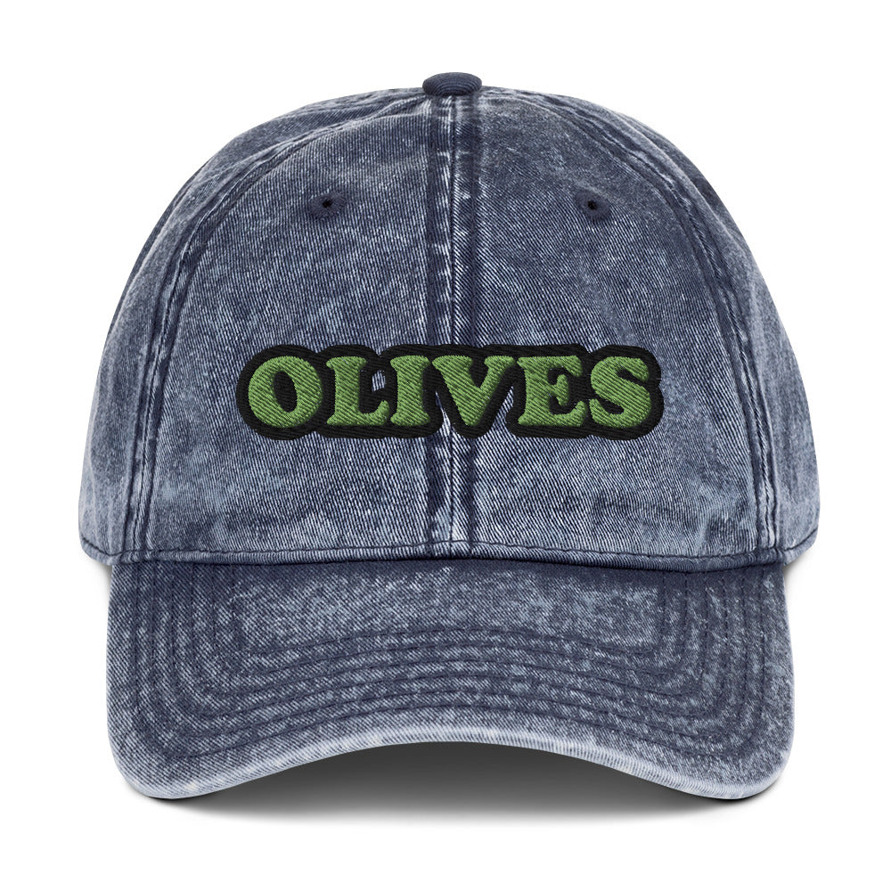Navy dad hat for olive lover - Eat olives in this olive lover dad hat! It's a funny food hat, designed for olive aficionados and made just for you. This hat has a washed out vintage style with an embroidered foodie design. The perfect statement hat for people who love olives or a gift for olive enthusiasts. Stand out in this unique olive lover hat.