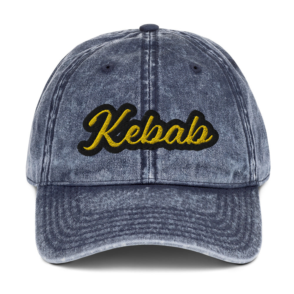 Blue Kebab dad hat - This kebab dad hat, made of cotton, is designed for kebab enthusiasts. The hat showcases a washed-out cotton material with vintage-style embroidery. It's the ideal funny food hat for both kebab lovers and Middle Eastern foodies. This kebab hat is a unique, statement accessory for foodies or gift for kebab aficionados.