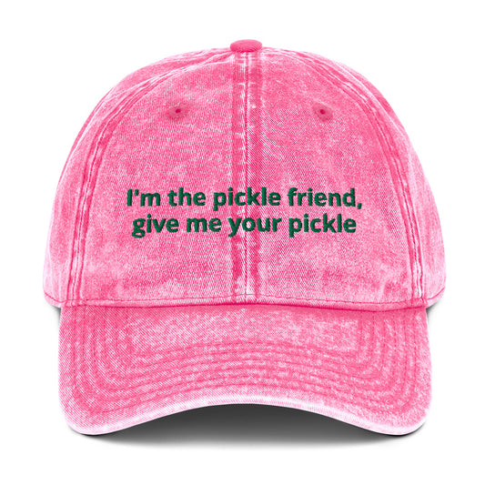 Pink pickles dad hat for the pickle friend by ninanush - The perfect hat for pickle lovers. The I'm the pickle friend, give me your pickles dad hat for pickle enthusiasts. This silly foodie dad hat stands out with a quirky design and pickle saying. Eat your favorite pickles in this unique pickle dad hat or give it as a funny gift for pickle enthusiasts and foodies of all kinds.