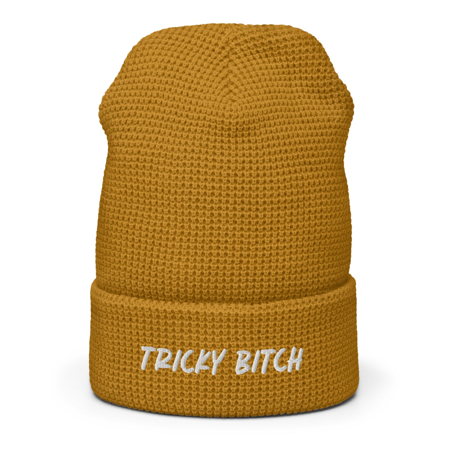 Yellow - Our Tricky Bitch Beanie is warm, comfortable and made just for you. It's a snug, formfitting waffle beanie with a unique honeycomb-like weave and an adjustable cuff. It comes in a variety of colors with "tricky bitch", expertly embroidered on the front.