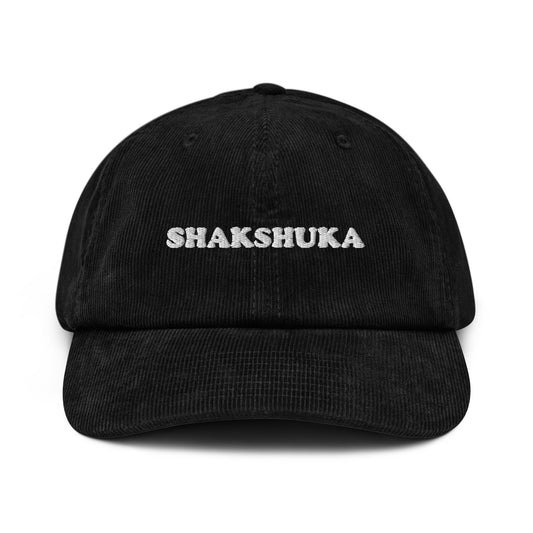 Black corduroy hat with white embroidery - This shakshuka hat is a comfortable and unique hat for foodies and shakshuka enthusiasts. It's a funky foodie hat that's made of 100% cotton corduroy and exactly what every shakshuka lover needs. Celebrate your favs and give this corduroy dad hat as weird gift for foodies or wear it to your next shakshuka breakfast.