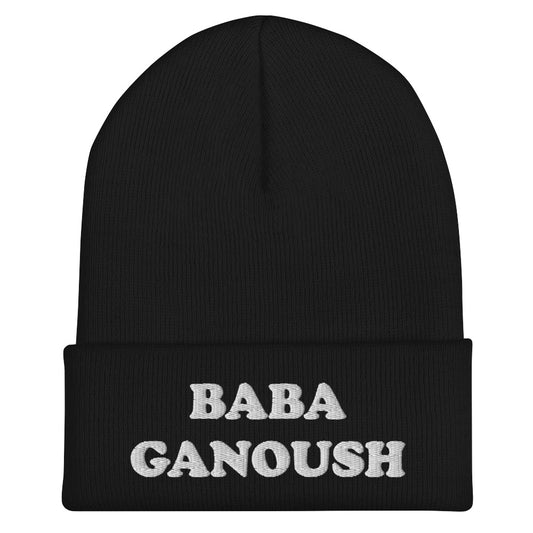 Middle Eastern food hat in black with white embroidery - Eat baba ganoush in your new fitted baba ganoush beanie. This fitted foodie beanie has white embroidery of a classic middle eastern dish. It's a funny and unusual hat for foodies and baba ganoush enthusiasts. Love hummus? Falafel? Shakshuka? Celebrate your favorite middle eastern foods in our weird & funky foodie hats.