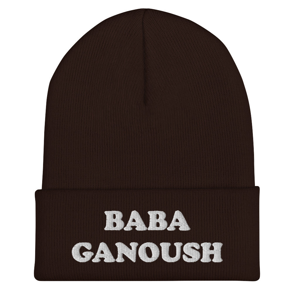 Brown baba ganoush hat - Eat baba ganoush in your new fitted baba ganoush beanie. This fitted foodie beanie has white embroidery of a classic middle eastern dish. It's a funny and unusual hat for foodies and baba ganoush enthusiasts. Love hummus? Falafel? Shakshuka? Celebrate your favorite middle eastern foods in our weird & funky foodie hats.