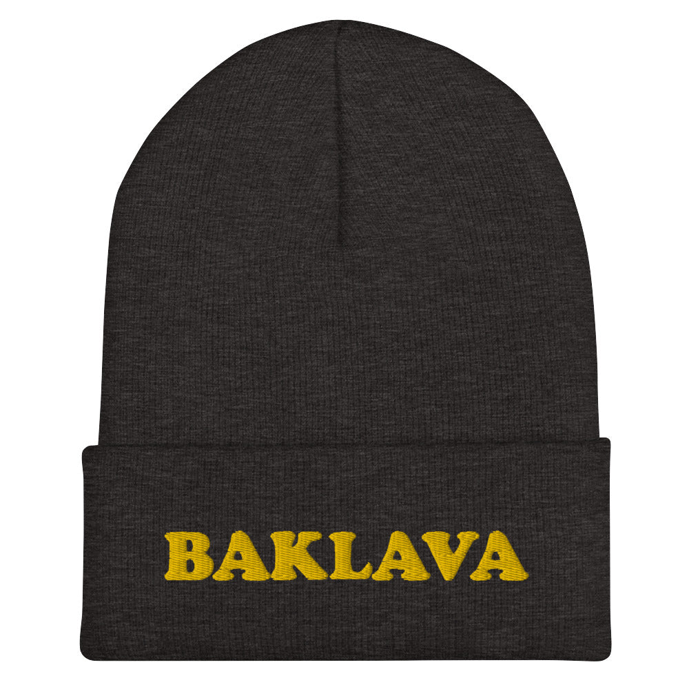 Dark gray baklava beanie hat - This baklava beanie hat is a classic fitted beanie with an funky yellow embroidery. It's a funny hat for foodies and baklava lovers. If you love weird hats or you're looking for a funny gift for foodies, we have the funky clothing and accessories for you. Stay funky in our unique streetwear and original funky designs.