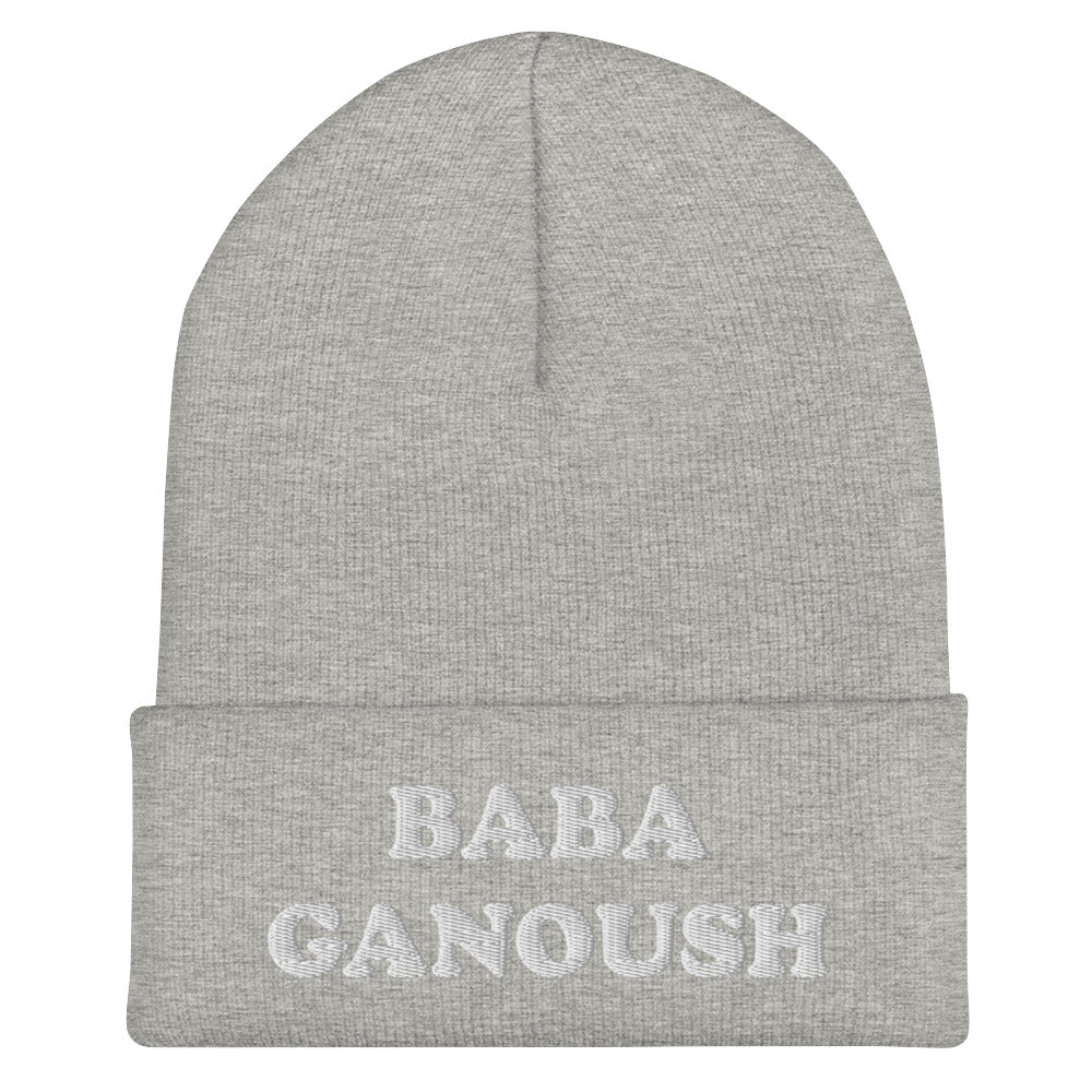 Gray hat with baba ganoush embroidery - Eat baba ganoush in your new fitted baba ganoush beanie. This fitted foodie beanie has white embroidery of a classic middle eastern dish. It's a funny and unusual hat for foodies and baba ganoush enthusiasts. Love hummus? Falafel? Shakshuka? Celebrate your favorite middle eastern foods in our weird & funky foodie hats.