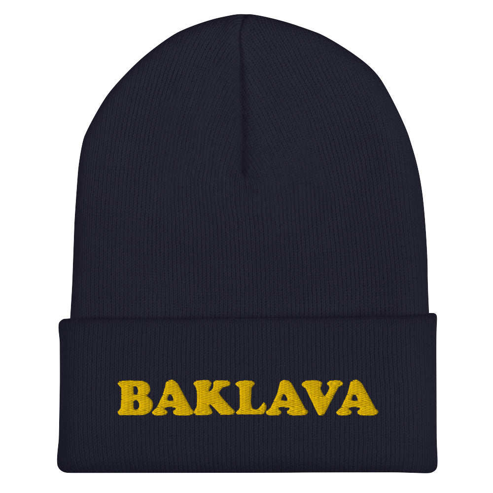 Navy blue baklava beanie - This baklava beanie hat is a classic fitted beanie with an funky yellow embroidery. It's a funny hat for foodies and baklava lovers. If you love weird hats or you're looking for a funny gift for foodies, we have the funky clothing and accessories for you. Stay funky in our unique streetwear and original funky designs.