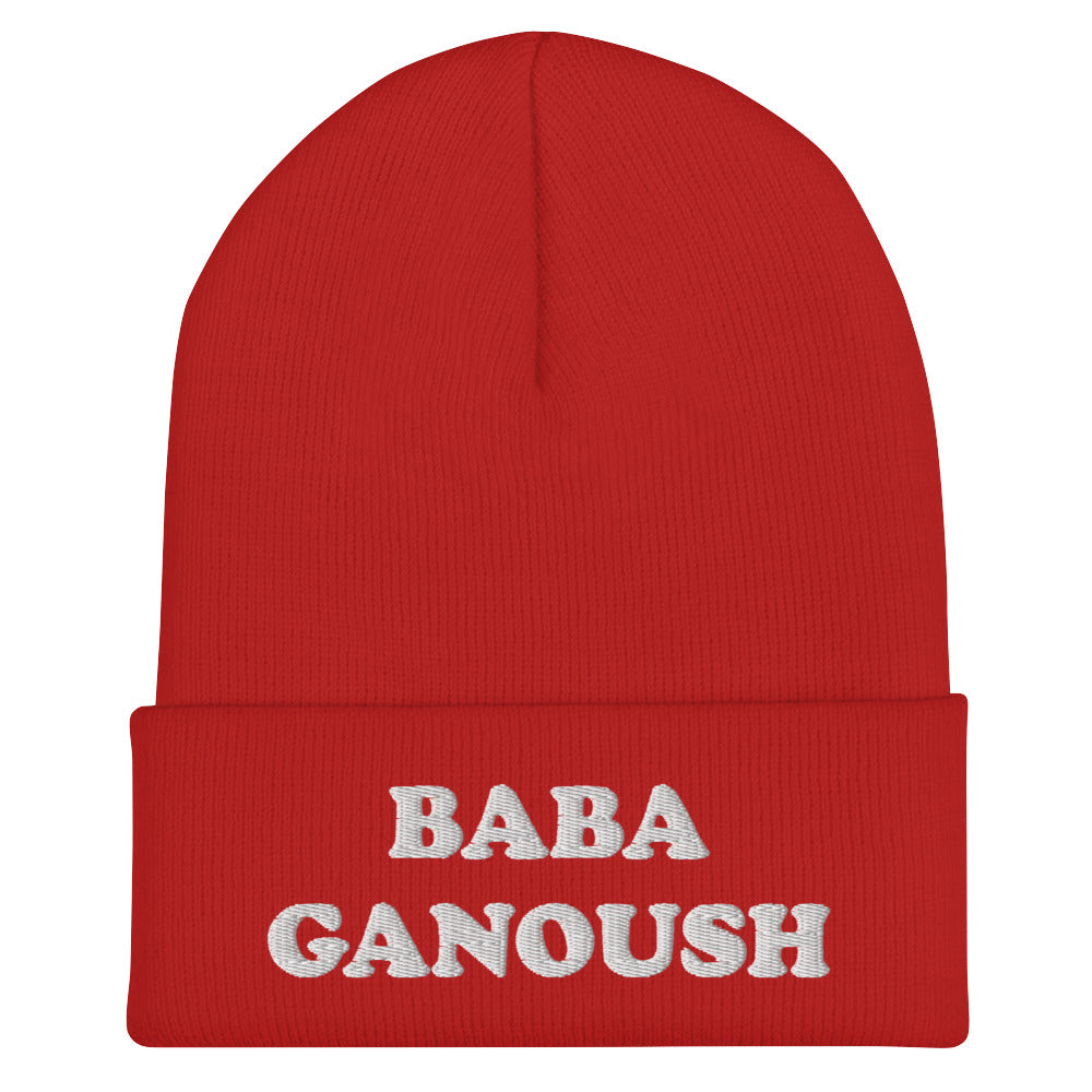 Red baba ganoush hat - Eat baba ganoush in your new fitted baba ganoush beanie. This fitted foodie beanie has white embroidery of a classic middle eastern dish. It's a funny and unusual hat for foodies and baba ganoush enthusiasts. Love hummus? Falafel? Shakshuka? Celebrate your favorite middle eastern foods in our weird & funky foodie hats.