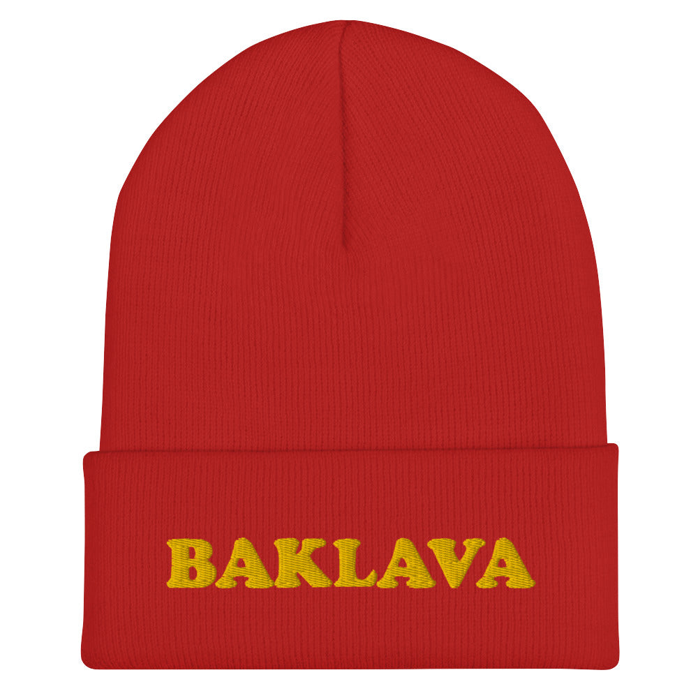 Red baklava beanie - This baklava beanie hat is a classic fitted beanie with an funky yellow embroidery. It's a funny hat for foodies and baklava lovers. If you love weird hats or you're looking for a funny gift for foodies, we have the funky clothing and accessories for you. Stay funky in our unique streetwear and original funky designs.