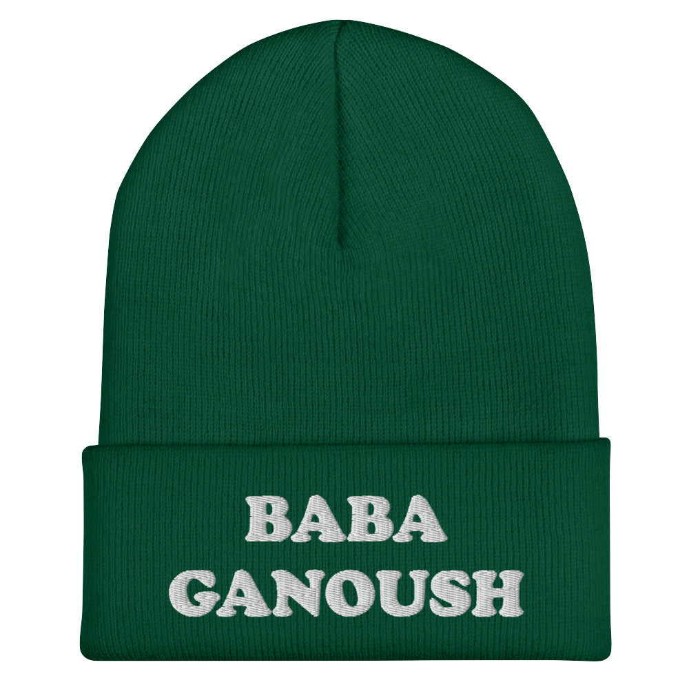 Green hat with baba ganoush embroidery - Eat baba ganoush in your new fitted baba ganoush beanie. This fitted foodie beanie has white embroidery of a classic middle eastern dish. It's a funny and unusual hat for foodies and baba ganoush enthusiasts. Love hummus? Falafel? Shakshuka? Celebrate your favorite middle eastern foods in our weird & funky foodie hats.
