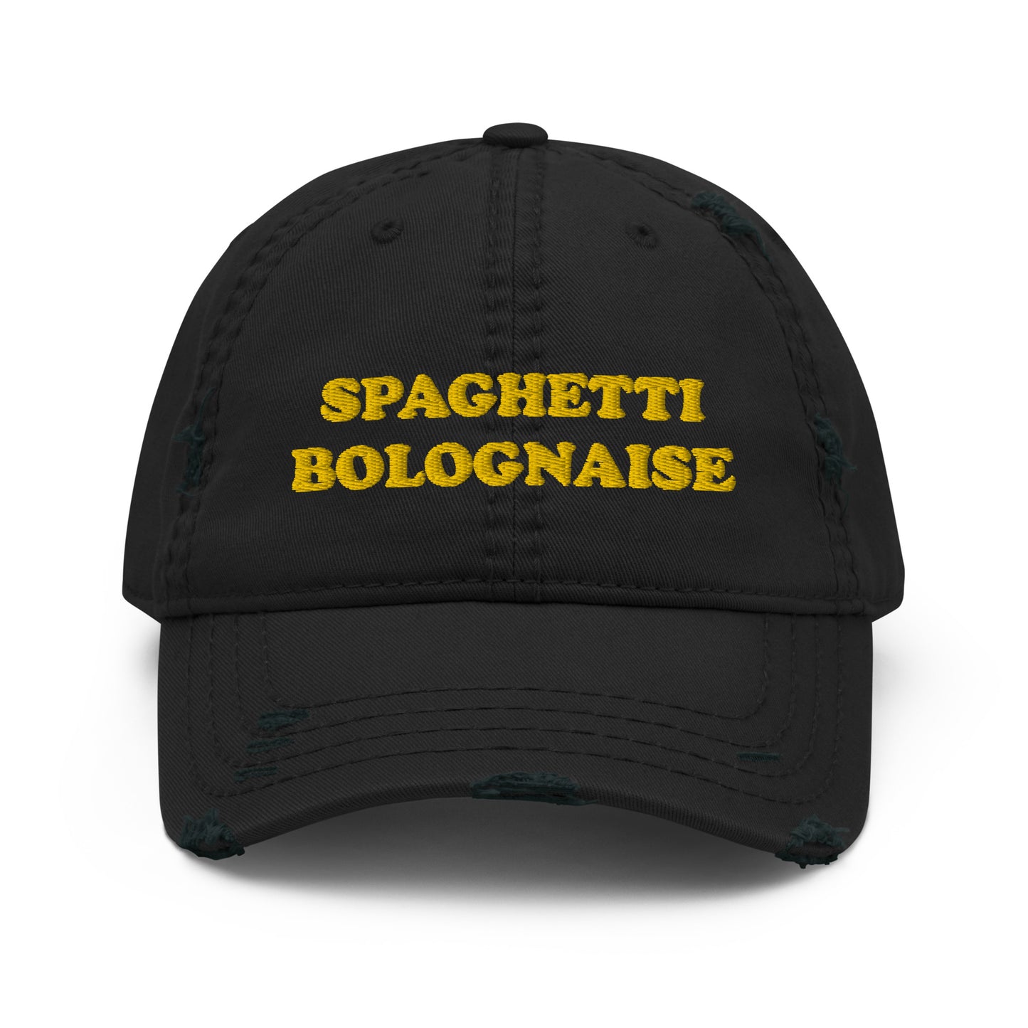Stay funky in our "spaghetti bolognaise" dad hat with a slightly distressed brim and crown fabric. Now you can eat spaghetti in style. Celebrate your favorite food and wear this funny dad hat or give it as a funny and weird gift for foodies. This unique spaghetti bolognaise dad hat is exactly what every pasta lover needs. Black and yellow spaghetti dad hat.