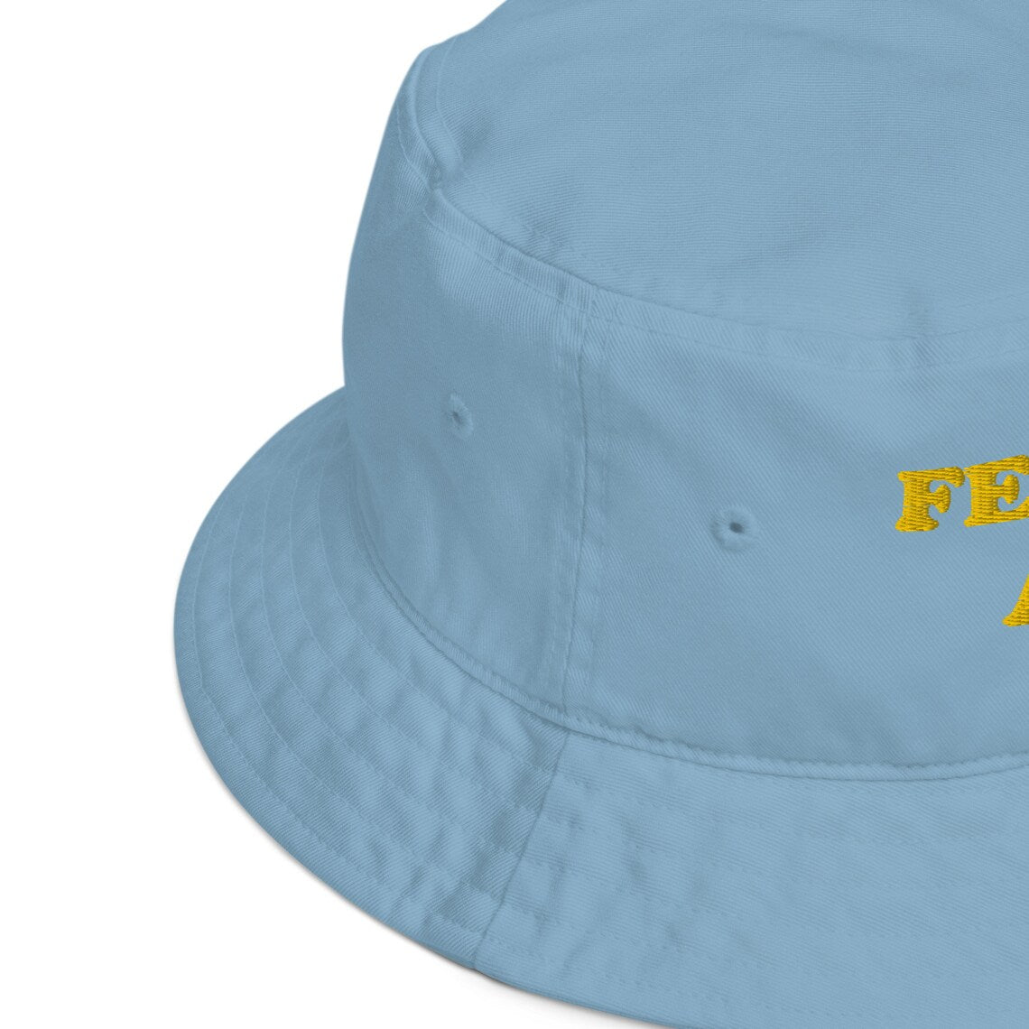 Funky blue and yellow foodie bucket hat for sun. Eat some fettuccine alfredo in this funny bucket hat. It's an eco friendly, organic cotton bucket hat that's a funny gift or weird hat for foodies. This fettuccine alfredo bucket hat will be your new favorite funky sun hat. If you love food, this food lover hat is exactly what you need.