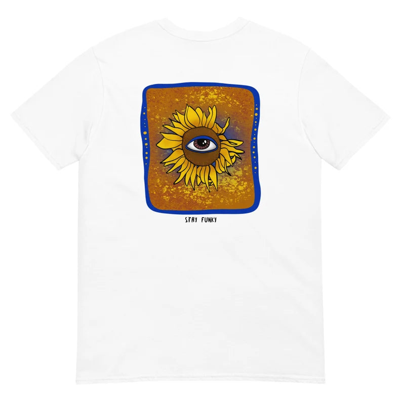 Trippy sunflower graphic tee. This colorful funky sunflower t-shirt is hand drawn and totally unique. The psychedelic eye sunflower tee is comfortable and soft. It's an original design for a weird t-shirt. Stay weird and be yourself in our weird graphic tees, unique animal hoodies, and funny hats for foodies.