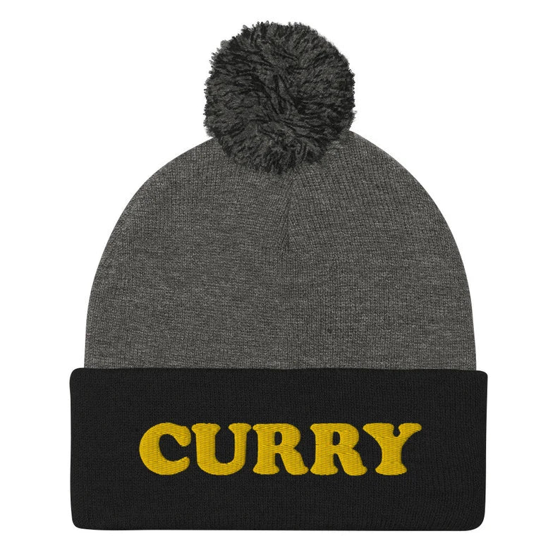 Black and gray curry beanie for foodies -Eat curry in style with this funny foodie beanie. It's a unisex embroidered beanie that's perfect for curry enthusiasts of all kinds. If you love curry, this weird foodie hat is a must have. Wear this unique curry beanie or give it as a gift for a curry lover. It's a warm and cozy foodie beanie made just for you.