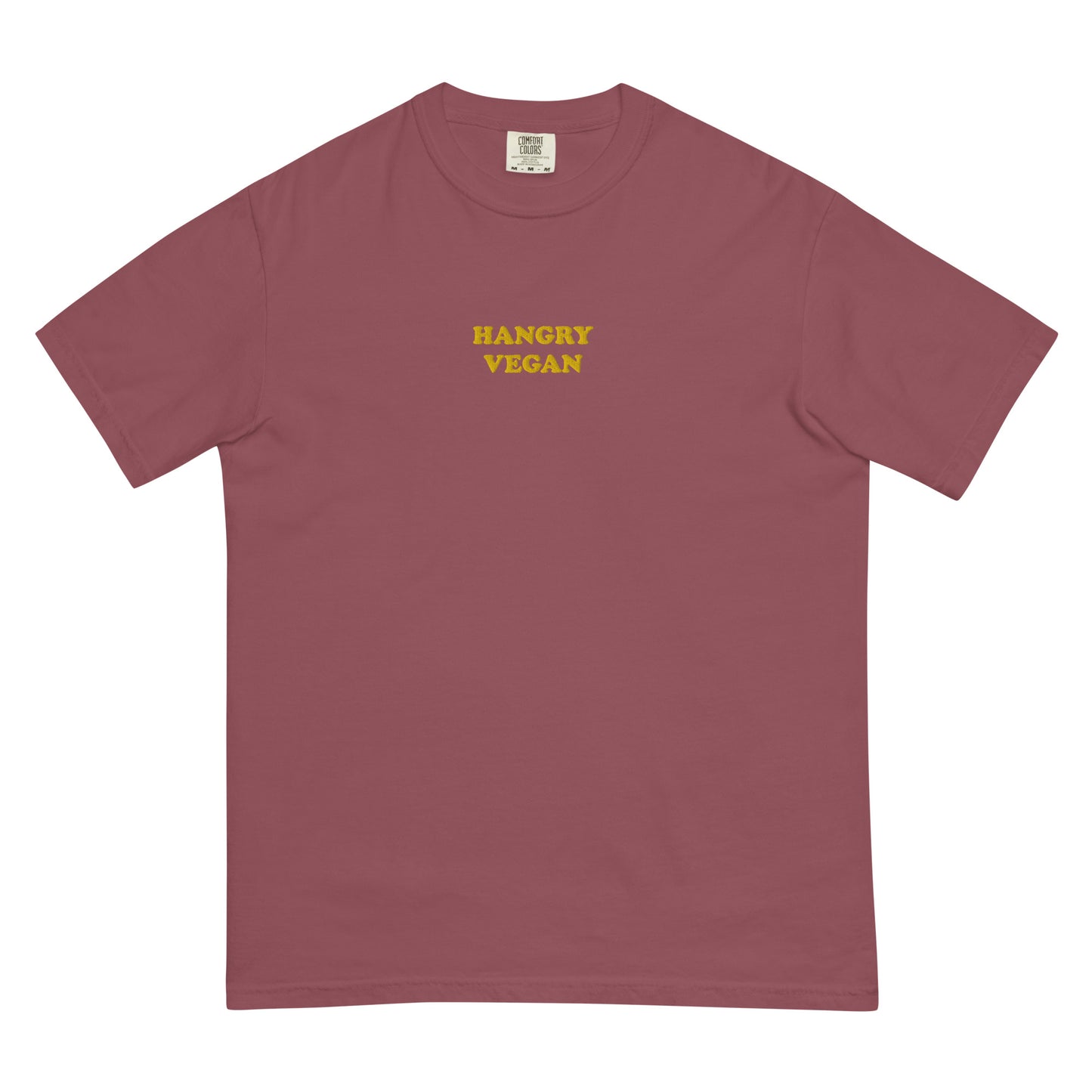This red and yellow funky hangry vegan t-shirt is garment dyed with a funny vegan embroidery design. This t-shirt is unique and makes a great vegan gift for all of your vegan friends. This funny t-shirt for vegans is soft and comfortable. Look good and stay weird in our funky streetwear with vegan sayings and designs.