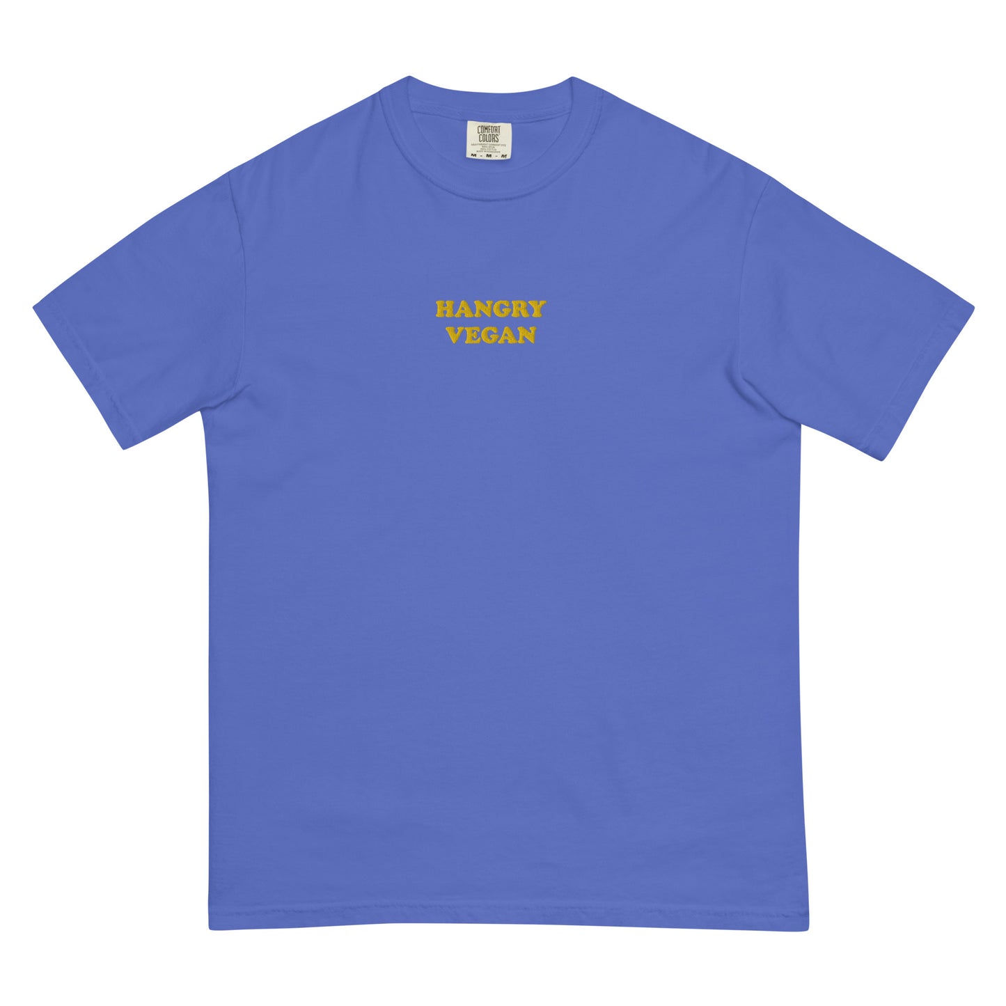 This blue and yellow funky hangry vegan t-shirt is garment dyed with a funny vegan embroidery design. This t-shirt is unique and makes a great vegan gift for all of your vegan friends. This funny t-shirt for vegans is soft and comfortable. Look good and stay weird in our funky streetwear with vegan sayings and designs.