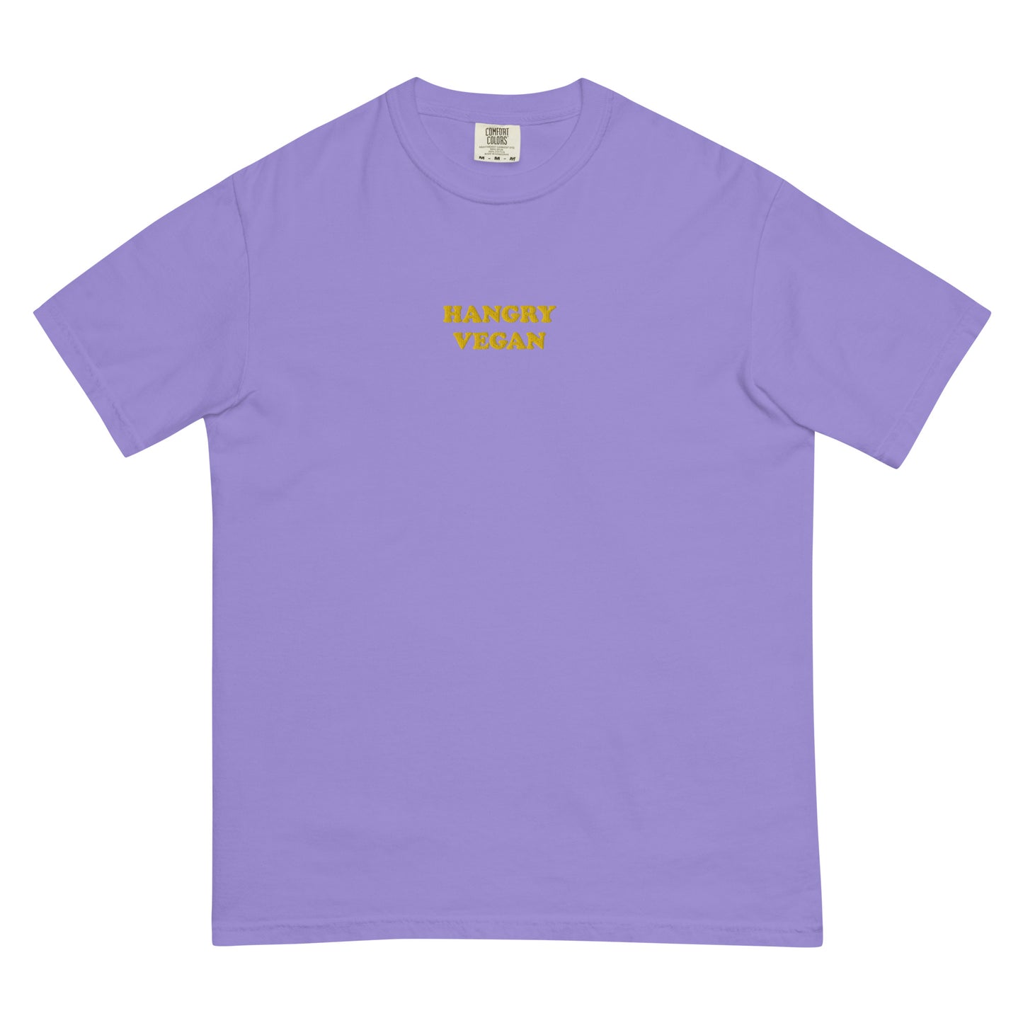This purple and yellow funky hangry vegan t-shirt is garment dyed with a funny vegan embroidery design. This t-shirt is unique and makes a great vegan gift for all of your vegan friends. This funny t-shirt for vegans is soft and comfortable. Look good and stay weird in our funky streetwear with vegan sayings and designs.