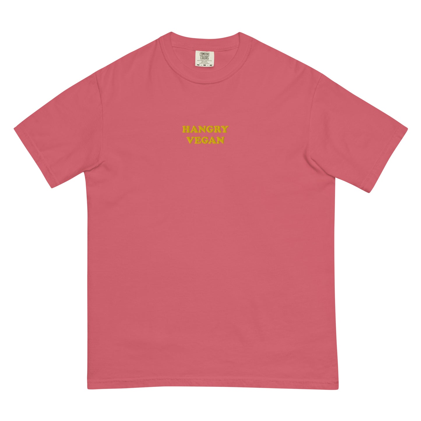 This pink and yellow funky hangry vegan t-shirt is garment dyed with a funny vegan embroidery design. This t-shirt is unique and makes a great vegan gift for all of your vegan friends. This funny t-shirt for vegans is soft and comfortable. Look good and stay weird in our funky streetwear with vegan sayings and designs.