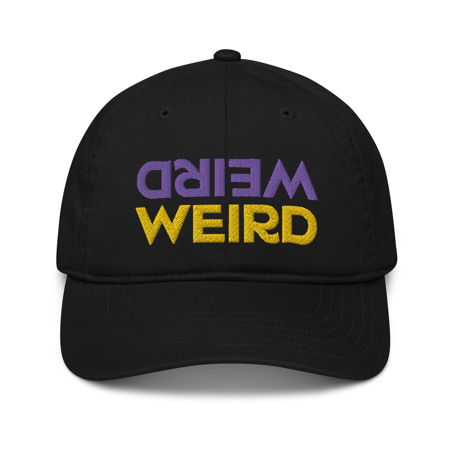 Weird vibes only! This 'weird' dad hat is a funky, eco friendly hat that never goes out of style. It's cute, unusual and 100% organic cotton. Stay weird and be yourself in this Eco friendly weird yellow and purple hat. Shop more eco friendly clothing, funky shirts, foodie hats, and unique designs at Nina's Funky Shop.