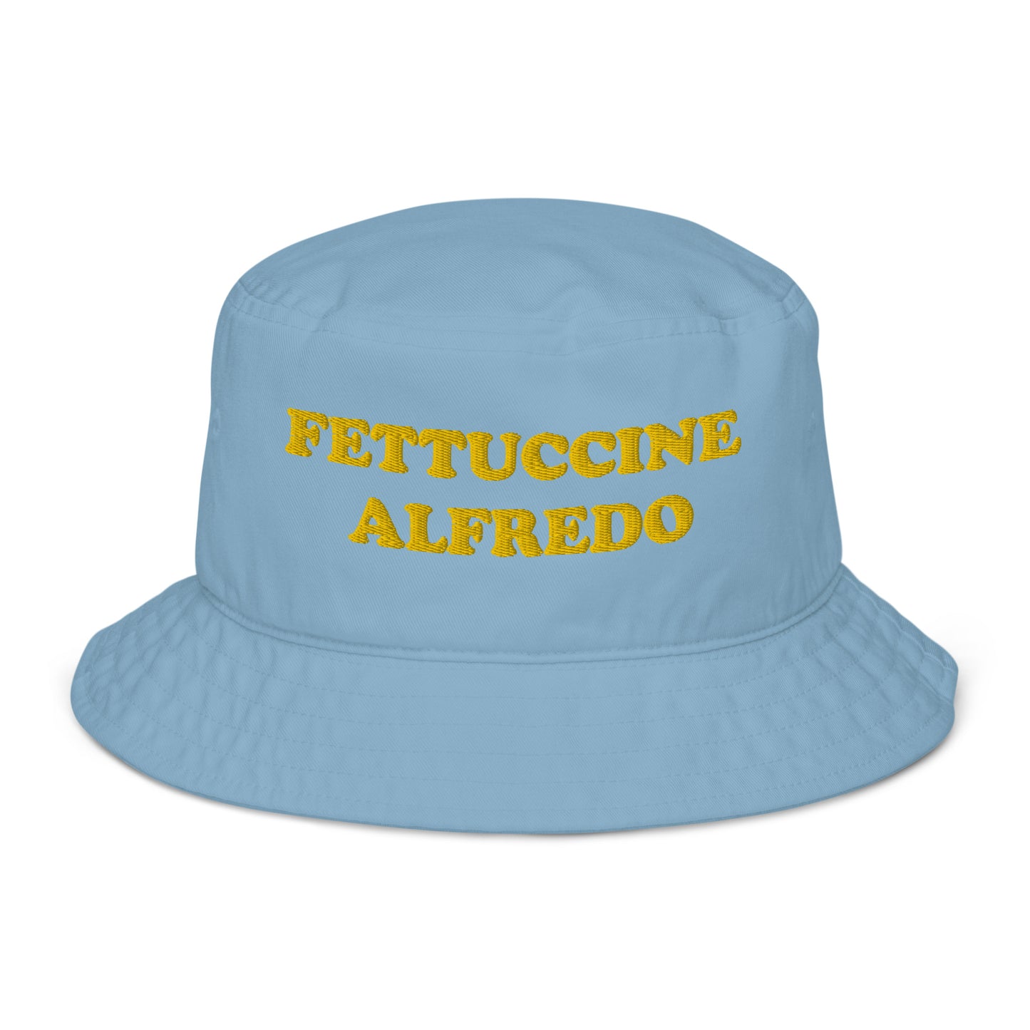 Embroidered blue and yellow bucket hat for foodies and fettuccine Alfredo lovers - Are you a fettuccine Alfredo? Spice up your style in this funny food bucket hat! This weird and unique foodie bucket hat is designed for fettuccine Alfredo enthusiasts. It's the perfect summer statement accessory for pasta lovers. Wear is as a funny everyday bucket hat or give it as a unique fettuccine Alfredo lover gift