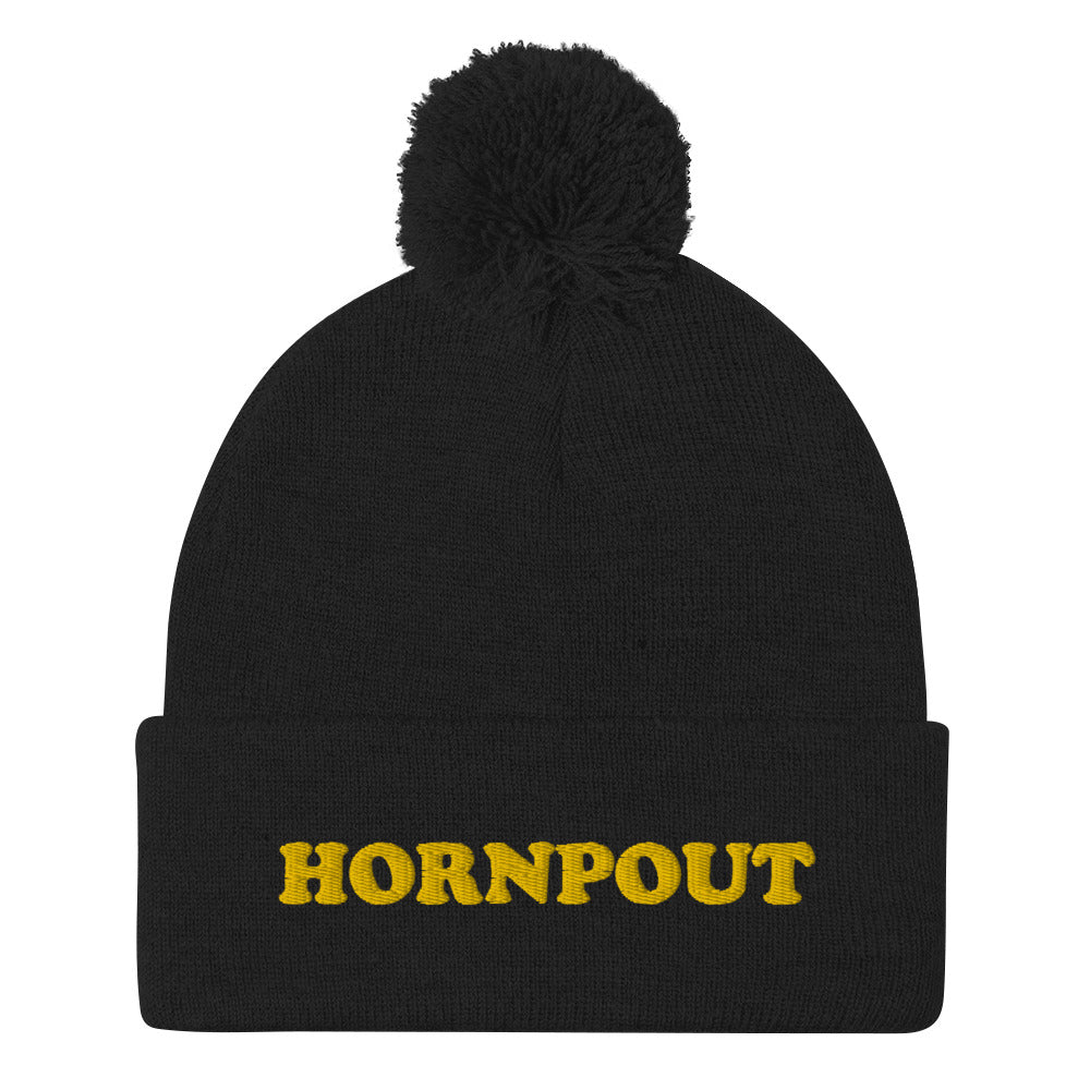 An embroidered "HORNPOUT" beanie with a pom-pom on top. This funky weird beanie is warm and cozy. It's a weird winter fishing hat that's unique & original. The hornpout hat is a weird beanie for fishing and a quirky street wear hat, too. Shop weird hats, funny beanies for foodies, and weird gifts for animal lovers.