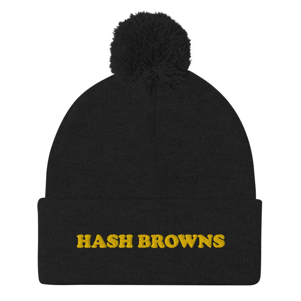 Black hash brown beanie with pompom - Unique and cozy hash browns beanie. Eat your favorite hash browns for breakfast in this classic beanie with a pom pom on top. The funny food hat is warm, comfortable and perfect for everyday streetwear. This hash browns hat is a great weird gift for foodies or funny food beanie for hash brown and breakfast lovers.