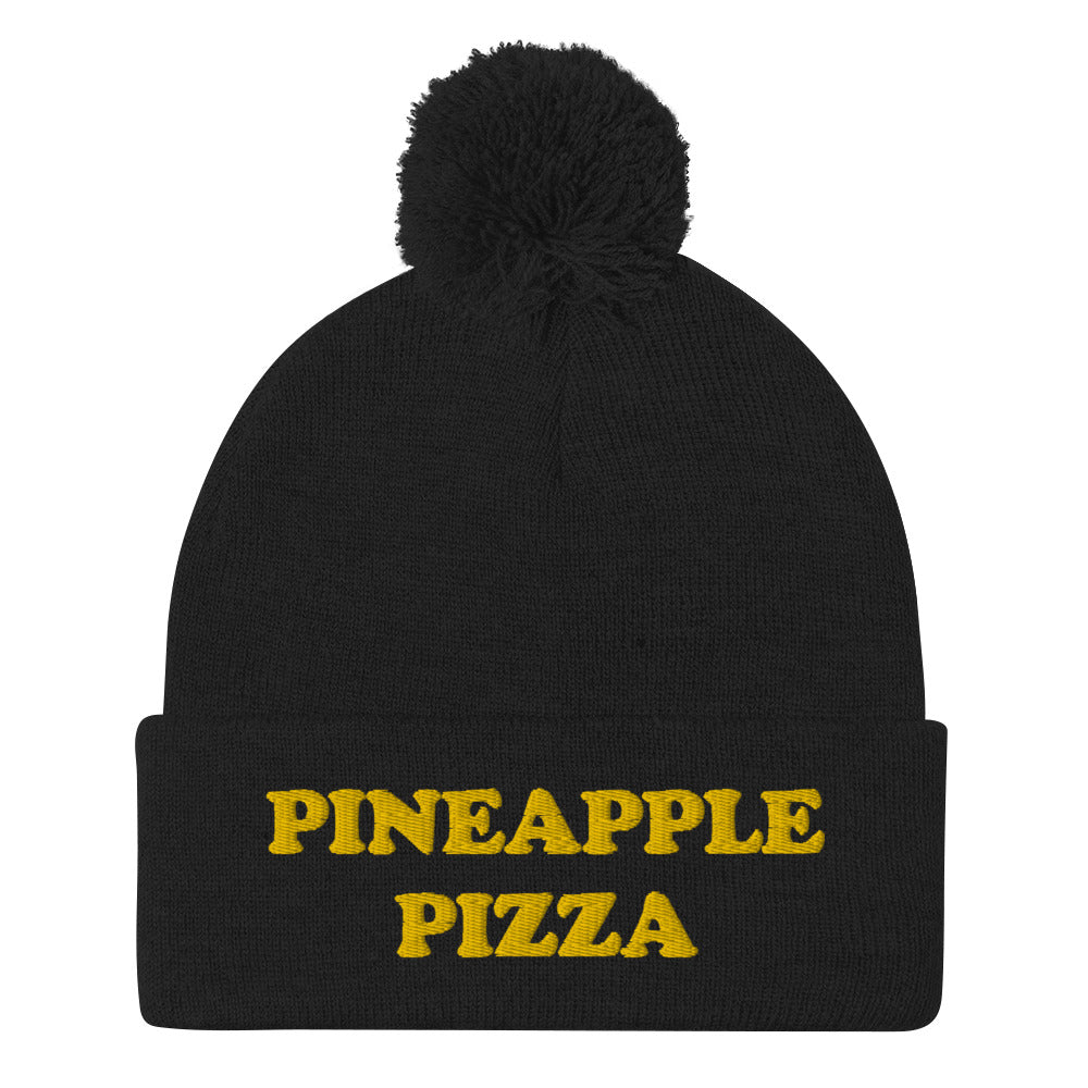 Black pineapple pizza beanie for foodies - Are you in the pineapple pizza club? Eat pineapple pizza in style in a funny foodie beanie for pizza lovers. It's a unisex embroidered beanie for pineapple pizza enthusiasts. If you love pineapple pizza, this weird foodie hat is a must have or give this warm and cozy hat as a funny gift for pineapple pizza people.