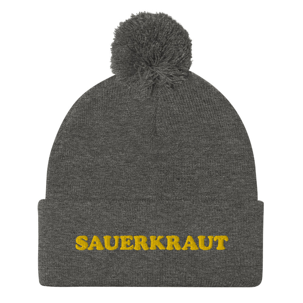 Gray and yellow sauerkraut beanie - This sauerkraut beanie is a comfortable and funny hat for foodies. If you like weird beanies or you love sauerkraut, this funky food hat is just for you. Give it as a weird gift for foodies or sauerkraut enthusiasts. Stay funky in this classic funny food beanie with a pom pom on top a unique and funky yellow embroidery.