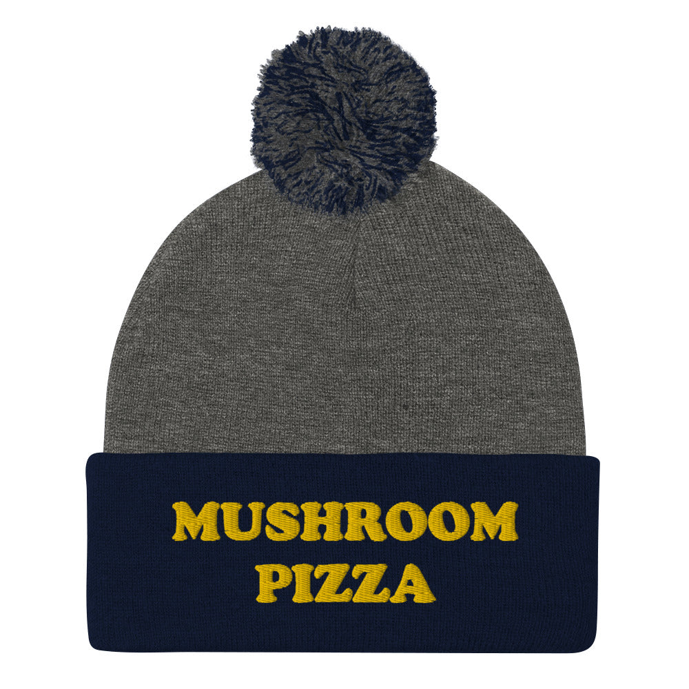Navy and gray mushroom pizza beanie with pompom - What do you put on your pizza? This mushroom pizza beanie is a perfect warm & cozy hat for cold weather. It's a classic beanie with a pom pom on top and a unique foodie embroidery. The mushroom pizza hat is a weird gift for foodies and a funny food hat for mushroom pizza lovers. Stay funky and show your love for pizza.