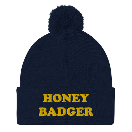 Navy - What's your spirit animal? This honey badger beanie is a perfect warm and cozy hat for cold weather. The funny animal beanie has a honey badger embroidery that's a perfect unique gift for honey badger & animal lovers. Shop funny spirit animal beanies, foodie clothing, vegan graphic t-shirts, garlic hats and more.