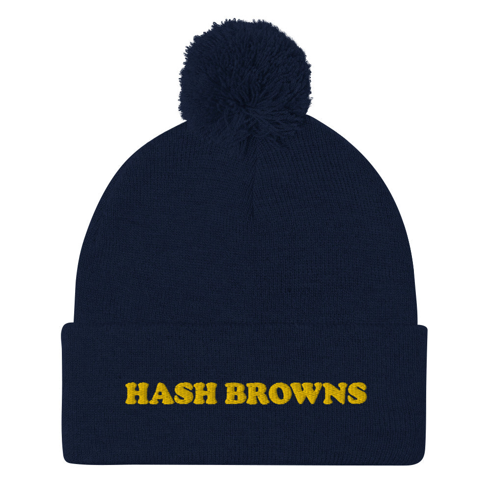 Navy blue hash brown beanie with pompom - Unique and cozy hash browns beanie. Eat your favorite hash browns for breakfast in this classic beanie with a pom pom on top. The funny food hat is warm, comfortable and perfect for everyday streetwear. This hash browns hat is a great weird gift for foodies or funny food beanie for hash brown and breakfast lovers.