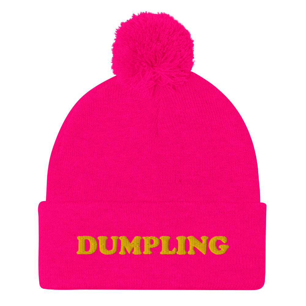 Hot pink dumpling beanie for foodies - Are you a dumpling enthusiast? This dumpling beanie hat is all you've been missing. Now you can eat your favorite dumplings in a unique dumpling hat with a classic pom pom on top. Stay weird and stay warm in this cozy and unusual food beanie hat. Celebrate your favorite dumplings in our funky foodie beanies & clothing.