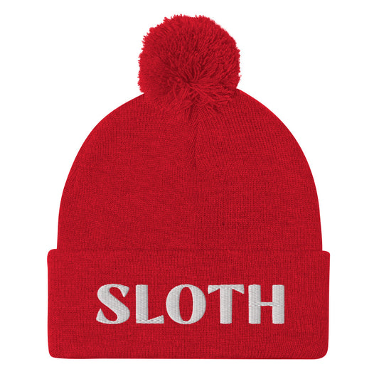 Red - What's your spirit animal? This sloth beanie is a perfect warm and cozy hat for cold weather. The sloth spirit animal beanie has a white sloth embroidery that's a perfect unique gift for sloth lovers & animal lovers. Shop funny spirit animal beanies, foodie clothing, vegan graphic t-shirts, garlic hats and more.