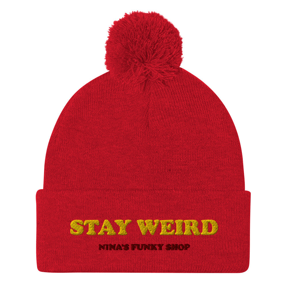 This "STAY WEIRD" beanie by Nina's Funky Shop is a classic beanie with a pom pom on top and a unique embroidery. Our weird hats and funky beanies are only available at Nina's Funky Shop by ninanush. Stay weird, stay funky, stay wild and celebrate your individuality in our original designs.