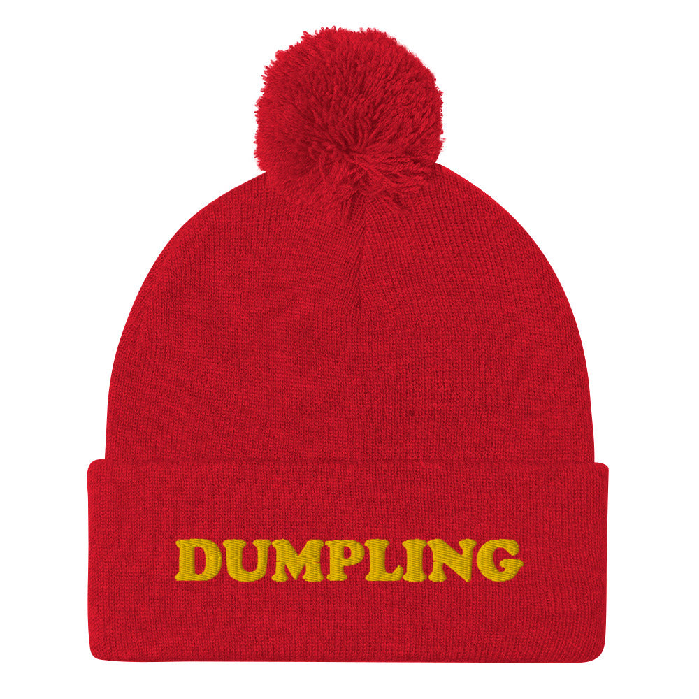 Red funny foodie beanie - Are you a dumpling enthusiast? This dumpling beanie hat is all you've been missing. Now you can eat your favorite dumplings in a unique dumpling hat with a classic pom pom on top. Stay weird and stay warm in this cozy and unusual food beanie hat. Celebrate your favorite dumplings in our funky foodie beanies & clothing.